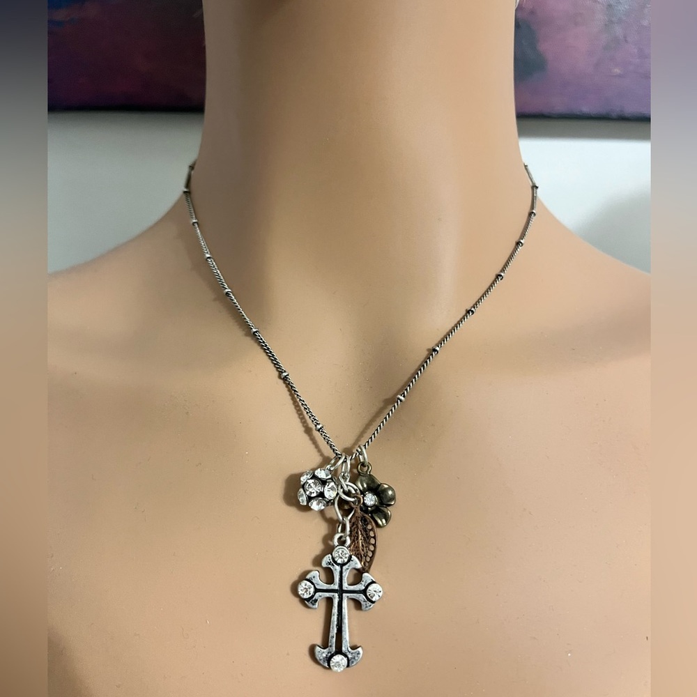 Rhinestone studded cross charm necklace